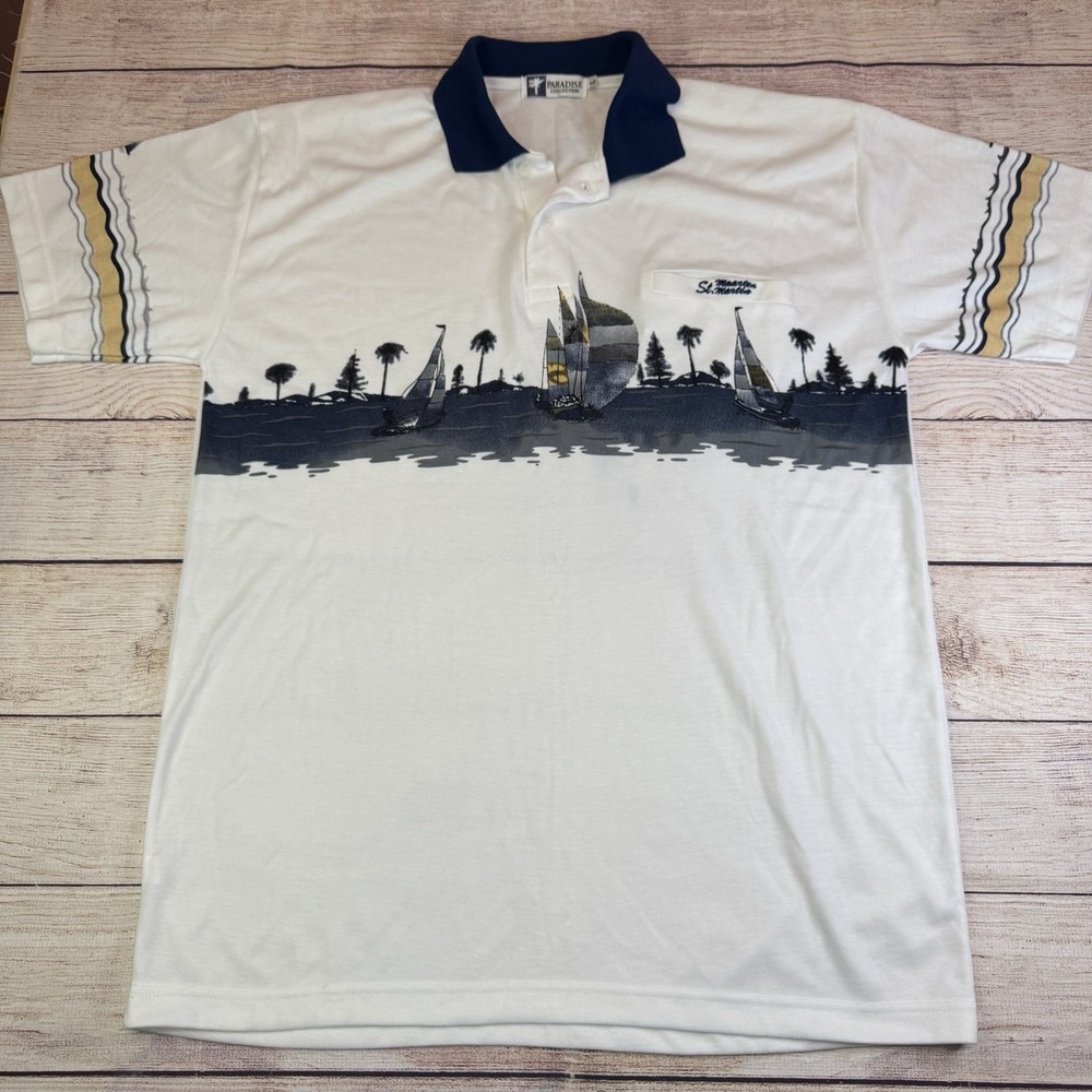 Vintage St. Maarten Sailboat White Polo Shirt L Paradise Collection 90s‎